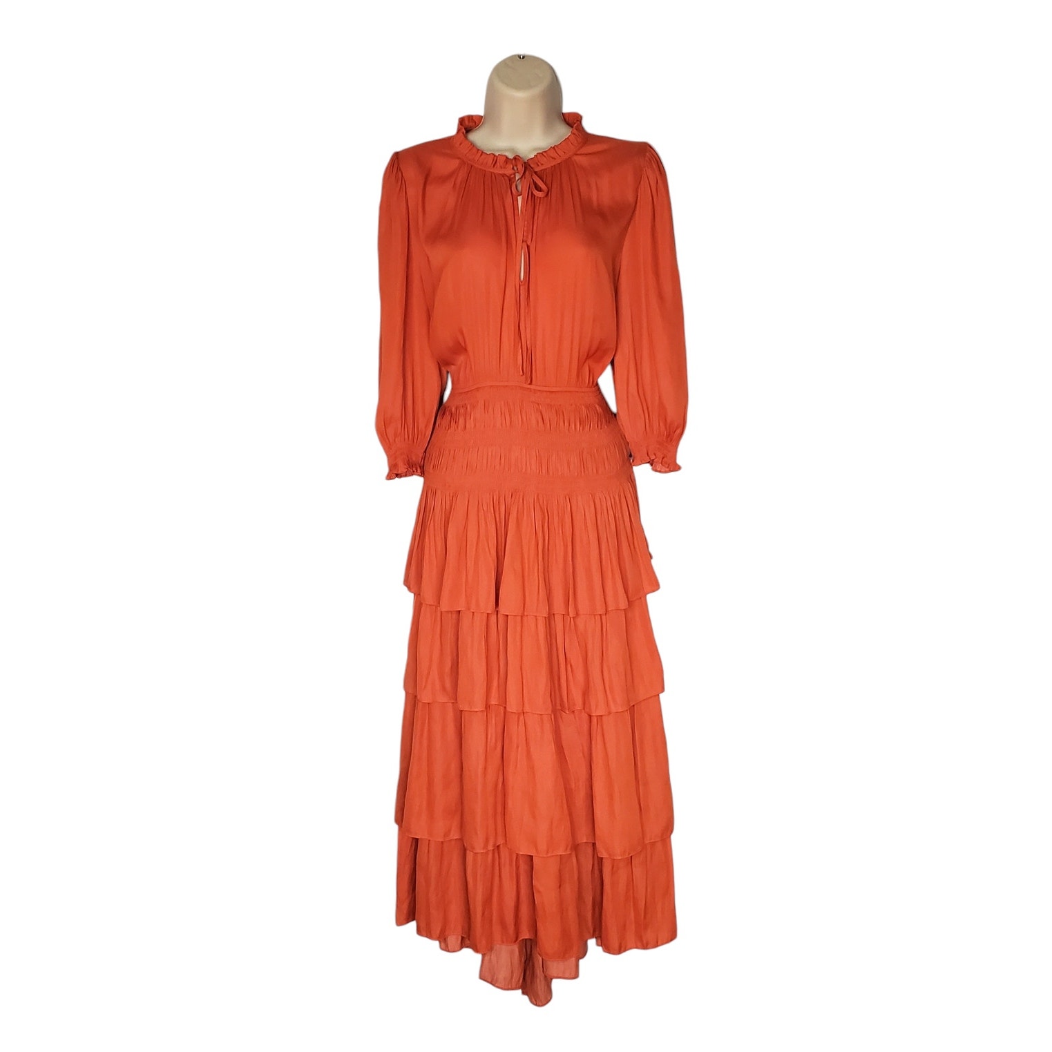 Maje Radjinette Tiered Satin Maxi Dress Ruffles Orange Smocked Size 40 Us 12